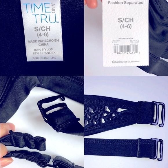 NEW T&T Solid Bandeau Bikini Top Swim Small Black Detachable Strap Women’s - Picture 8 of 16